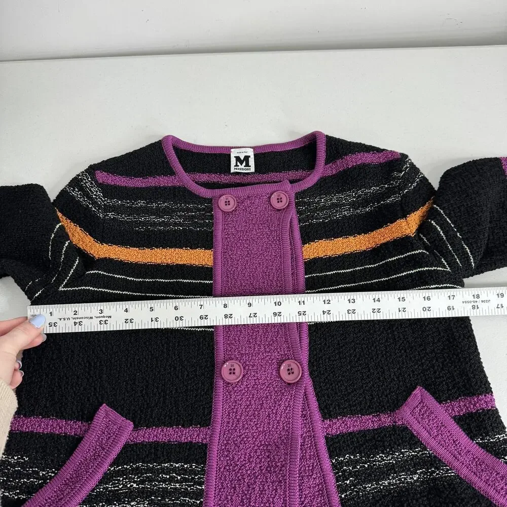 Missoni Sweater Womens 8‎ Black Purple Striped Cardigan Pockets Made in Italy